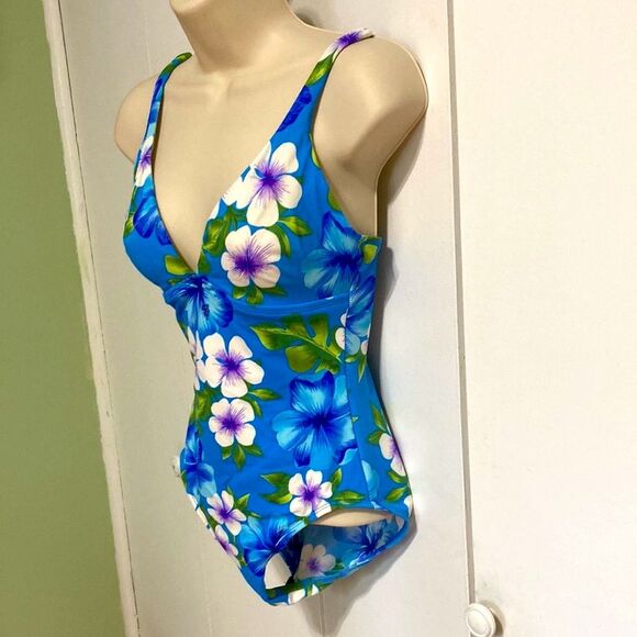 LANDS END Floral Green Tropical Leaves One Piece Swimsuit Womens Size 8 - Picture 4 of 15